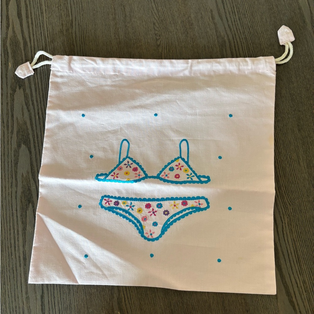 White Bikini Drawstring Bag with Blue and Pink Accents - Picture 3 of 9